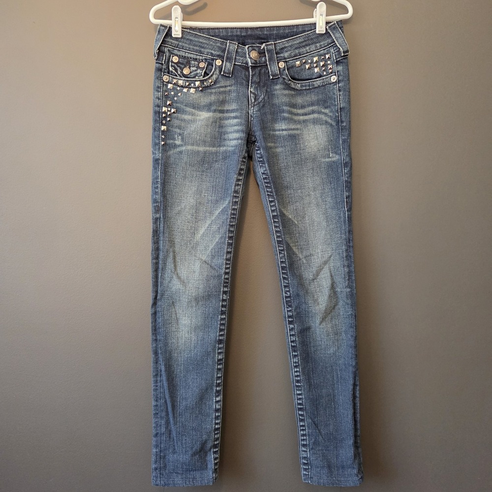 True Religion Women Jeans 26x30 Skinny Denim Dark Wash Studs Rhinestones Metal